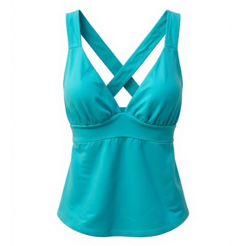 Susan Monaco turquoise empire waist deep v-neck top Small